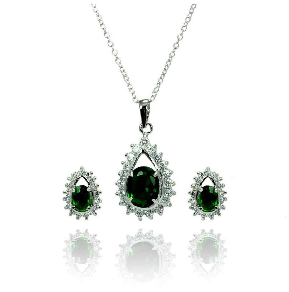 .925 Sterling Silver Rhodium Plated Clear & Green Teardrop Cluster Cz Stud Earring & Necklace Set