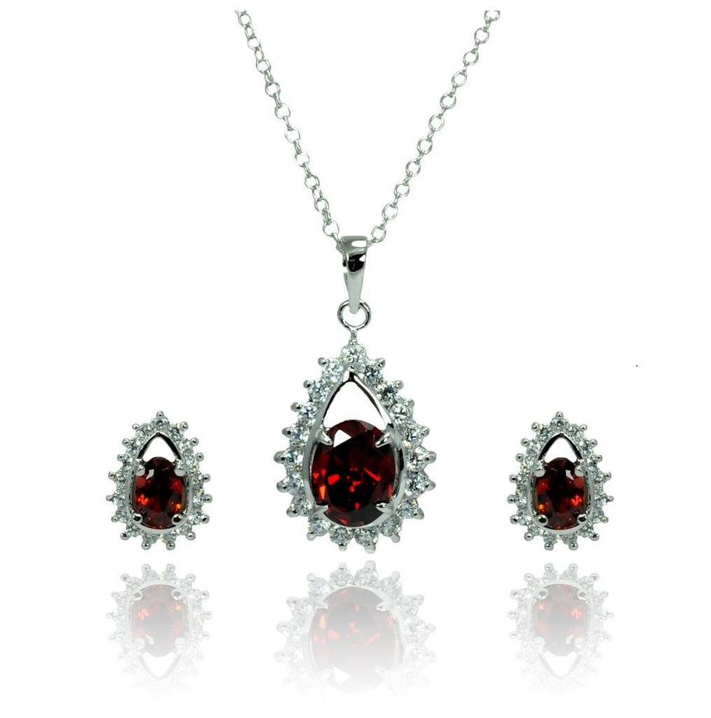 .925 Sterling Silver Rhodium Plated Clear & Red Teardrop Cluster Cz Stud Earring & Necklace Set