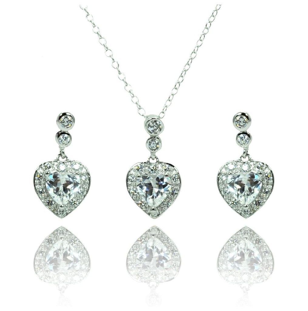 .925 Sterling Silver Rhodium Plated Clear Round & Heart Shaped Cz Dangling Stud Earring & Necklace Set