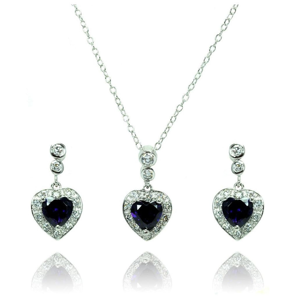 .925 Sterling Silver Rhodium Plated Clear & Purple Heart Cz Dangling Stud Earring & Necklace Set