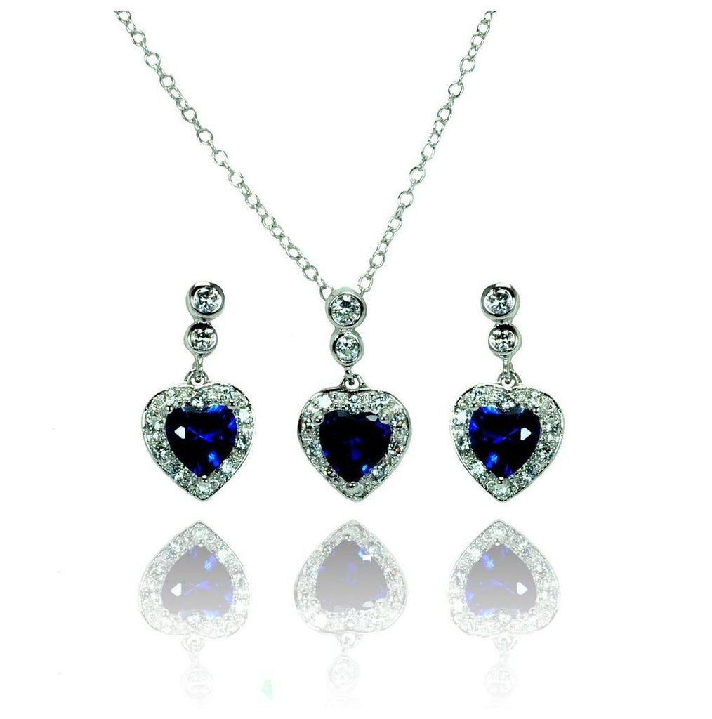 .925 Sterling Silver Rhodium Plated Clear & Blue Heart Cz Dangling Stud Earring & Necklace Set