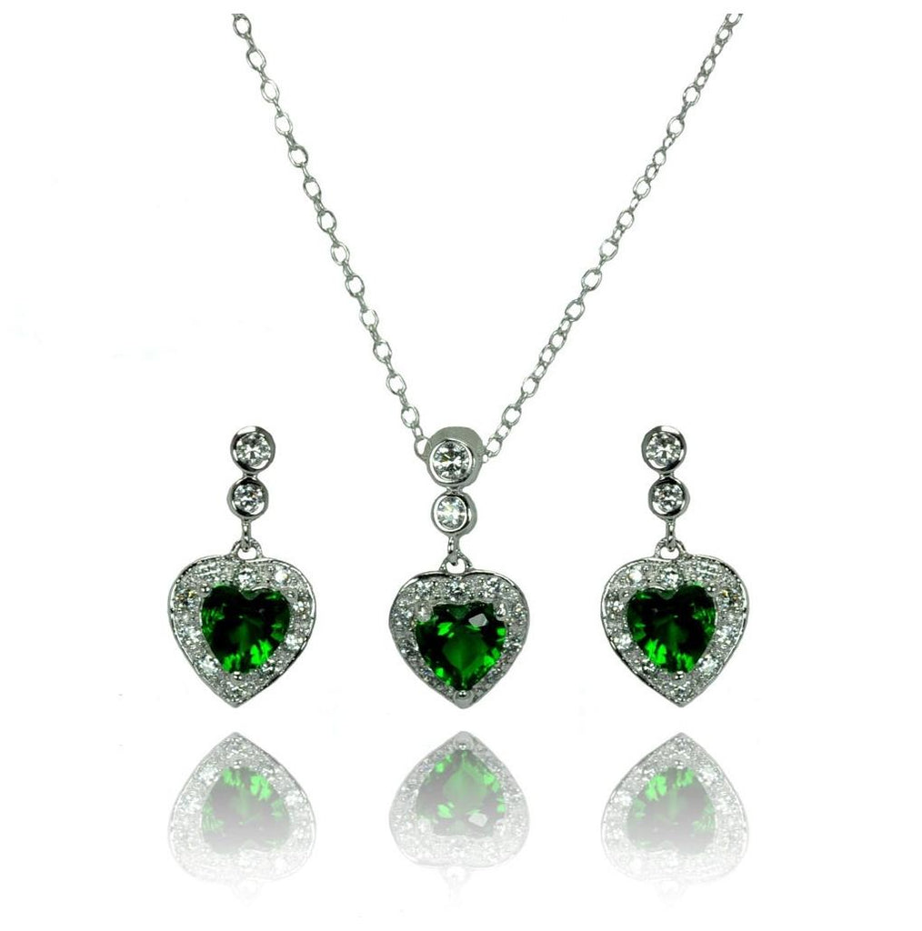 .925 Sterling Silver Rhodium Plated Clear & Green Heart Cz Dangling Stud Earring & Necklace Set