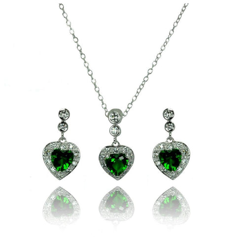 .925 Sterling Silver Rhodium Plated Clear & Green Heart Cz Dangling Stud Earring & Necklace Set