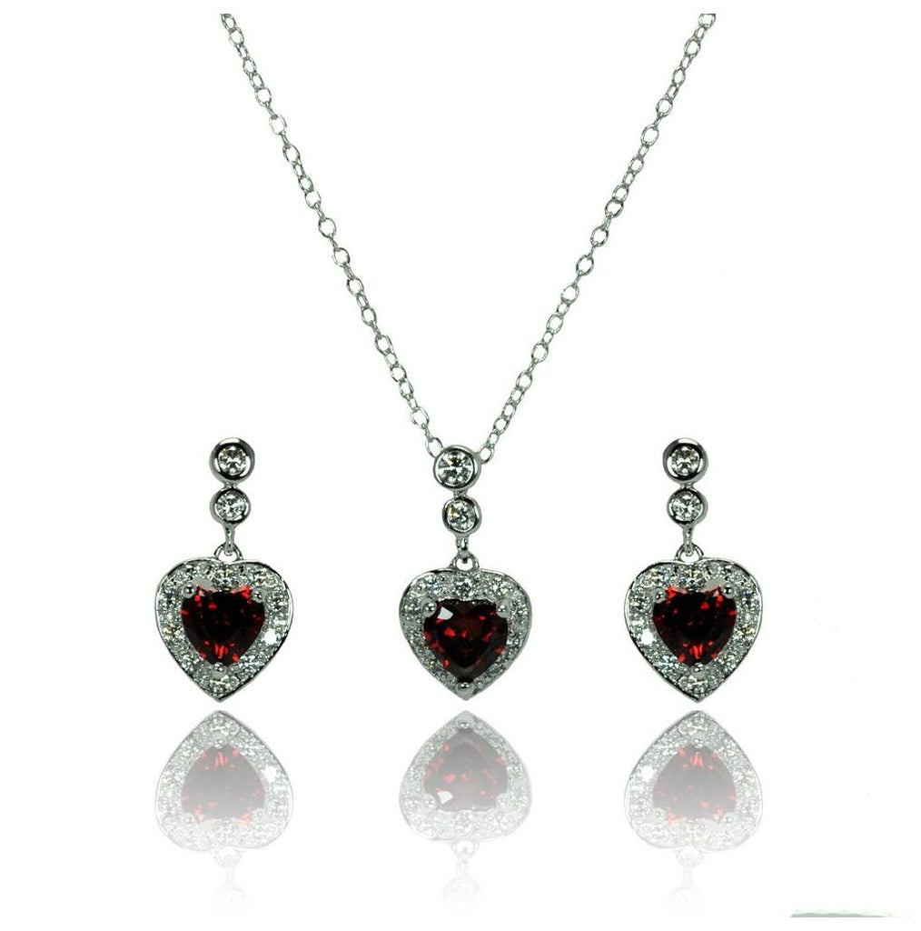 .925 Sterling Silver Rhodium Plated Clear & Red Heart Cz Dangling Stud Earring & Necklace Set