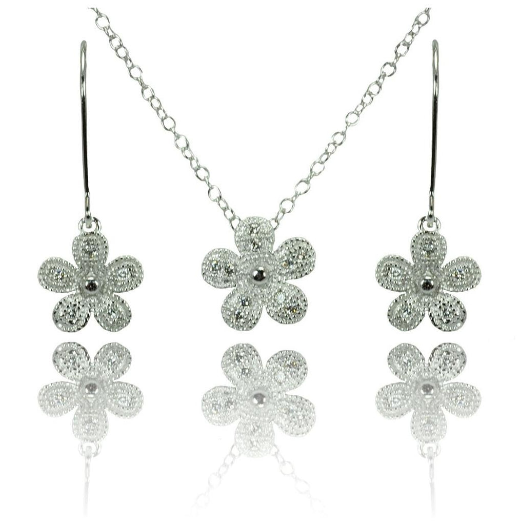 .925 Sterling Silver Rhodium Plated Clear Pave Set Flower Cz Hook Earring & Necklace Set