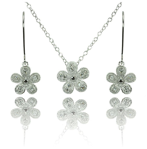 .925 Sterling Silver Rhodium Plated Clear Pave Set Flower Cz Hook Earring & Necklace Set