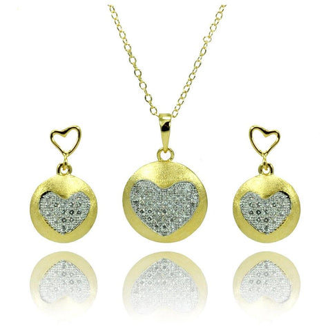 .925 Sterling Silver Gold Plated Clear Heart Circle Disc Cz Stud Earring & Necklace Set