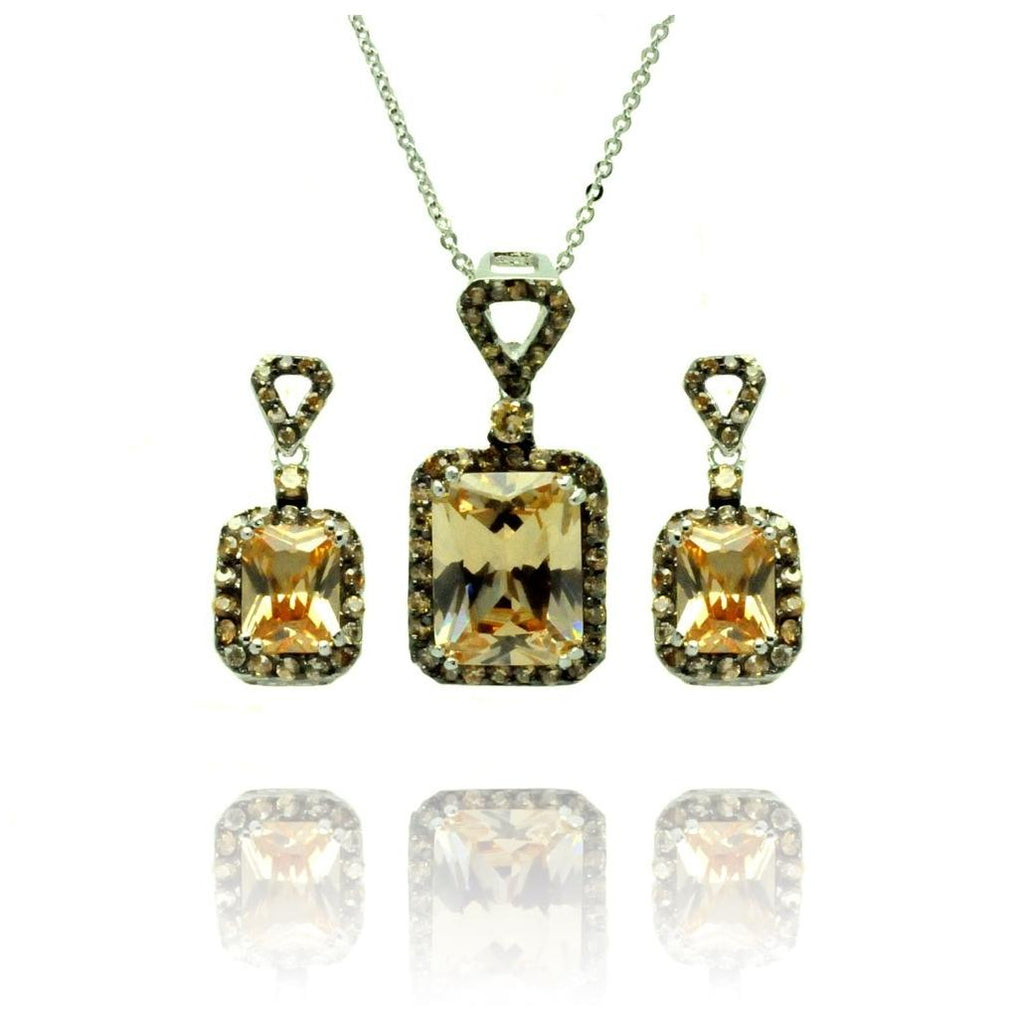 .925 Sterling Silver Black Rhodium Plated Yellow Round & Rectangular Cz Dangling Stud Earring & Necklace Set