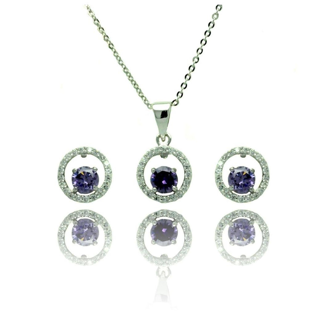 .925 Sterling Silver Rhodium Plated Clear & Purple Round Open Circle Cz Stud Earring & Dangling Necklace Set