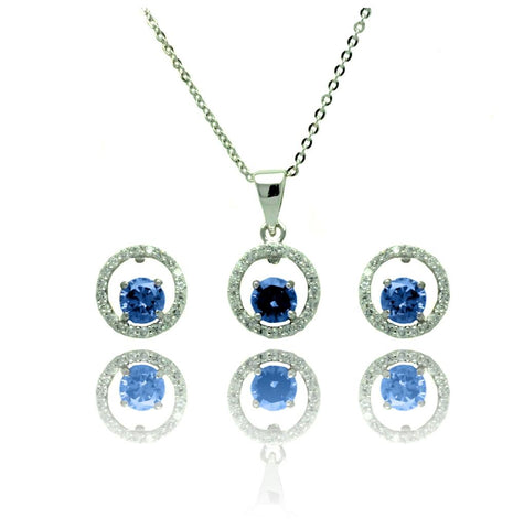 .925 Sterling Silver Rhodium Plated Round Clear & Blue Cz Open Circle Stud Earring & Necklace Set