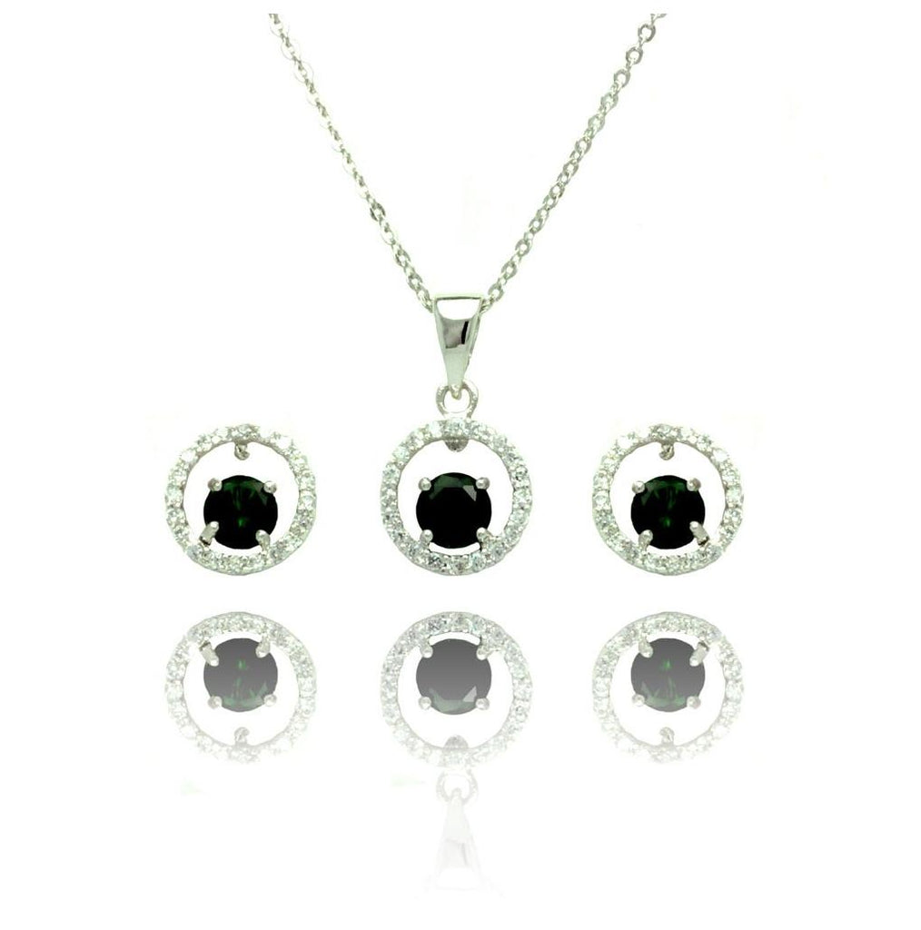 .925 Sterling Silver Rhodium Plated Clear & Green Round Open Circle Cz Stud Earring & Dangling Necklace Set