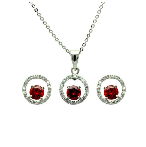 .925 Sterling Silver Rhodium Plated Clear & Red Round Open Circle Cz Stud Earring & Dangling Necklace Set