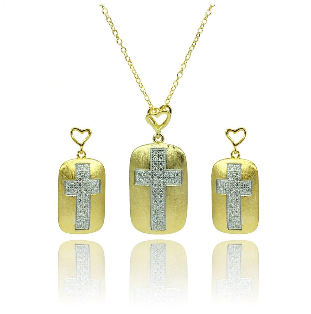 .925 Sterling Silver Rhodium & Gold Plated Clear Cz Cross Center Open Heart Dangling Stud Earring & Necklace Set