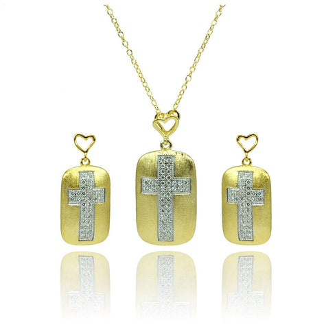 .925 Sterling Silver Rhodium & Gold Plated Clear Cz Cross Center Open Heart Dangling Stud Earring & Necklace Set