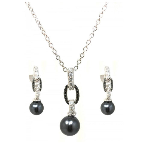 .925 Sterling Silver Rhodium & Black Rhodium Plated Black Pearl Clear Cz Hanging Stud Earring & Dangling Necklace Set