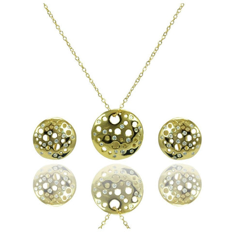 .925 Sterling Silver Gold Plated Clear Round Disc Cz Stud Earring & Necklace Set