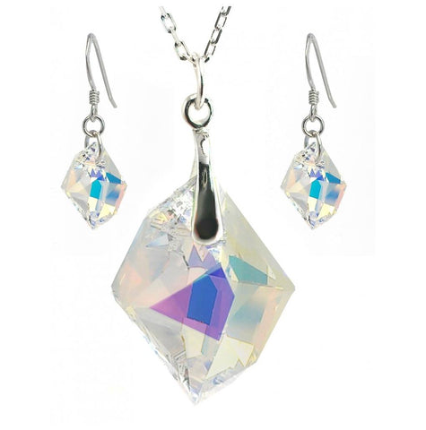 .925 Sterling Silver Rhodium Plated Colorful Cz Hook Earring & Dangling Necklace Set