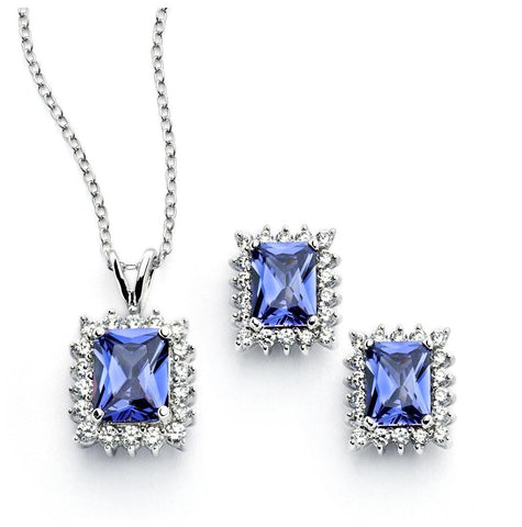 .925 Sterling Silver Rhodium Plated Clear Cluster Blue Rectangle Cz Stud Earring & Necklace Set