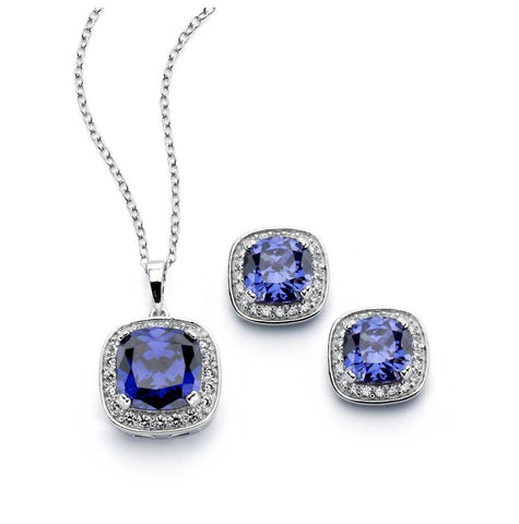 .925 Sterling Silver Rhodium Plated Clear Cluster Blue Square Cz Stud Earring & Necklace Set