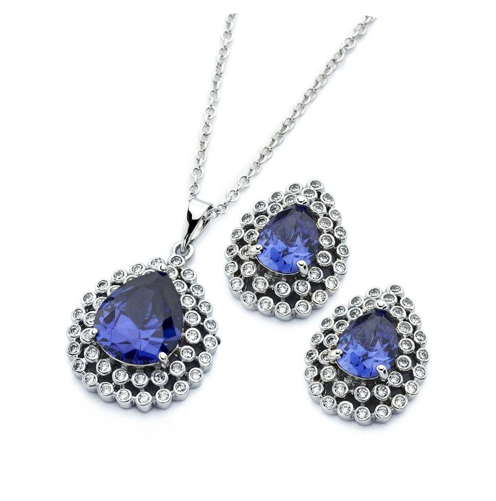 .925 Sterling Silver Rhodium Plated Clear Cluster Blue Teardrop Cz Stud Earring & Necklace Set