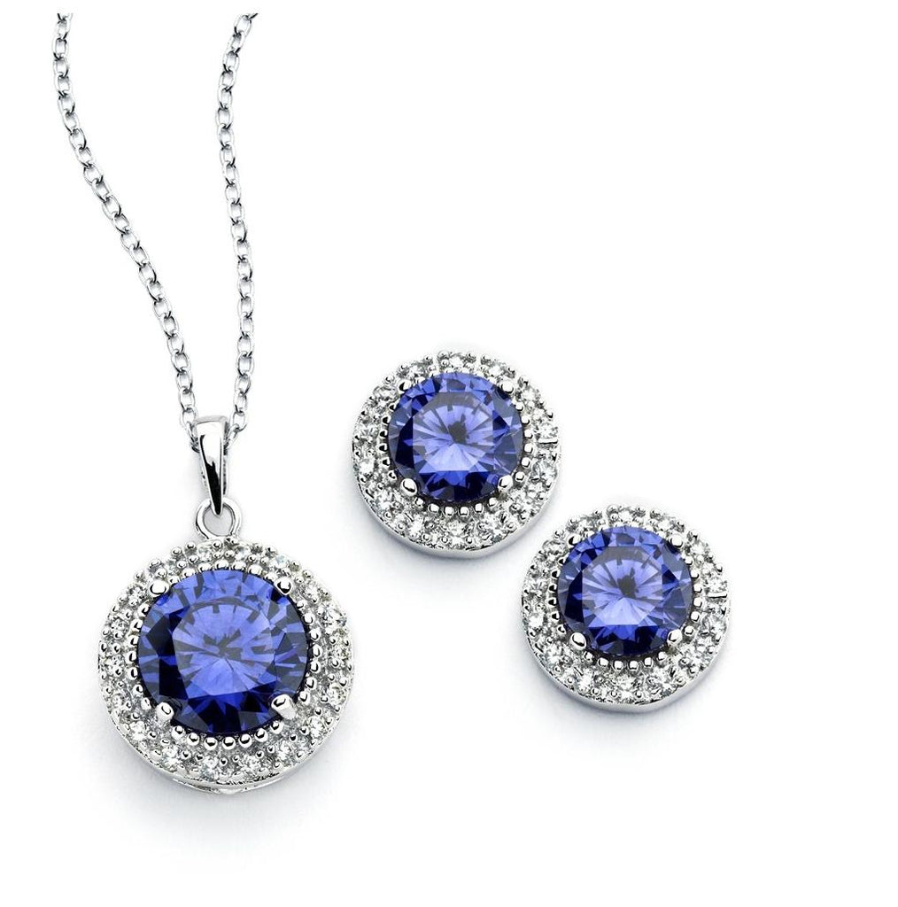 .925 Sterling Silver Rhodium Plated Clear Cluster Blue Circle Cz Stud Earring & Necklace Set