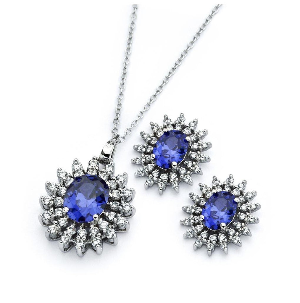 .925 Sterling Silver Rhodium Plated Clear Cluster Blue Oval Cz Stud Earring & Necklace Set