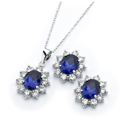 .925 Sterling Silver Rhodium Plated Clear Cluster Blue Cluster Flower Cz Stud Earring & Necklace Set