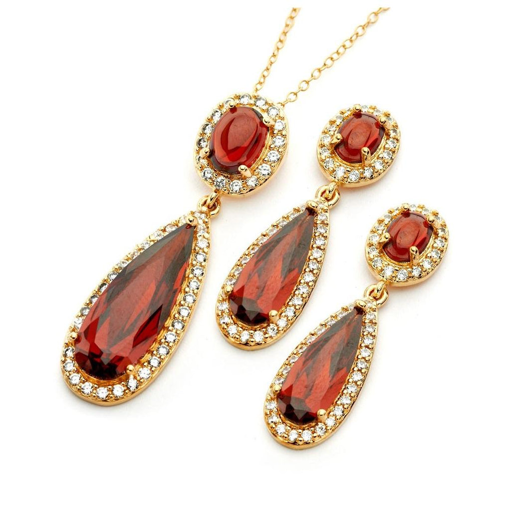 .925 Sterling Silver Gold Plated Clear & Red Oval Slim Teardrop Cz Dangling Stud Earring & Dangling Necklace Set