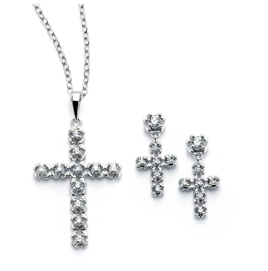 .925 Sterling Silver Rhodium Plated Clear Cross Cz Stud Earring & Necklace Set