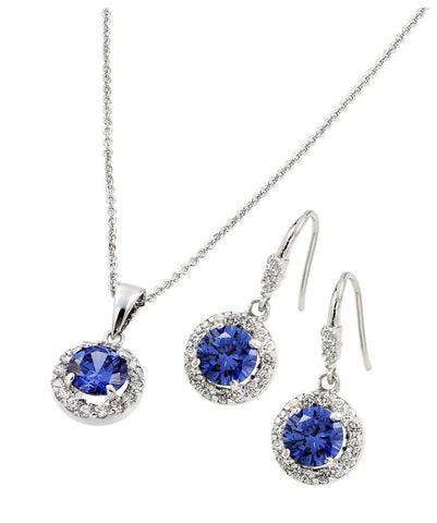 .925 Sterling Silver Rhodium Plated Clear Cluster Blue Round Cz Hook Earring & Necklace Set