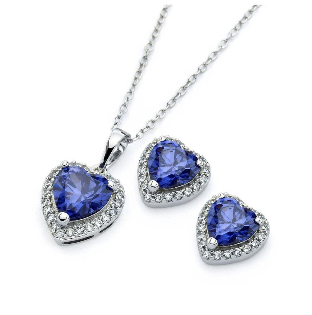 .925 Sterling Silver Rhodium Plated Clear Cluster Blue Heart Cz Stud Earring & Necklace Set