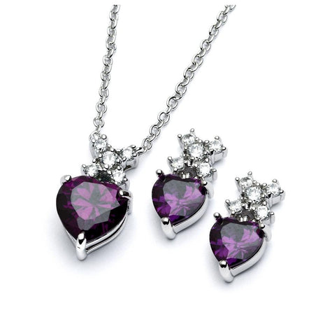 .925 Sterling Silver Rhodium Plated Clear Round Purple Heart Cz Stud Earring & Necklace Set