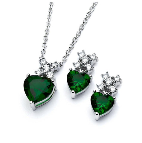 .925 Sterling Silver Rhodium Plated Clear Round Green Heart Cz Stud Earring & Necklace Set