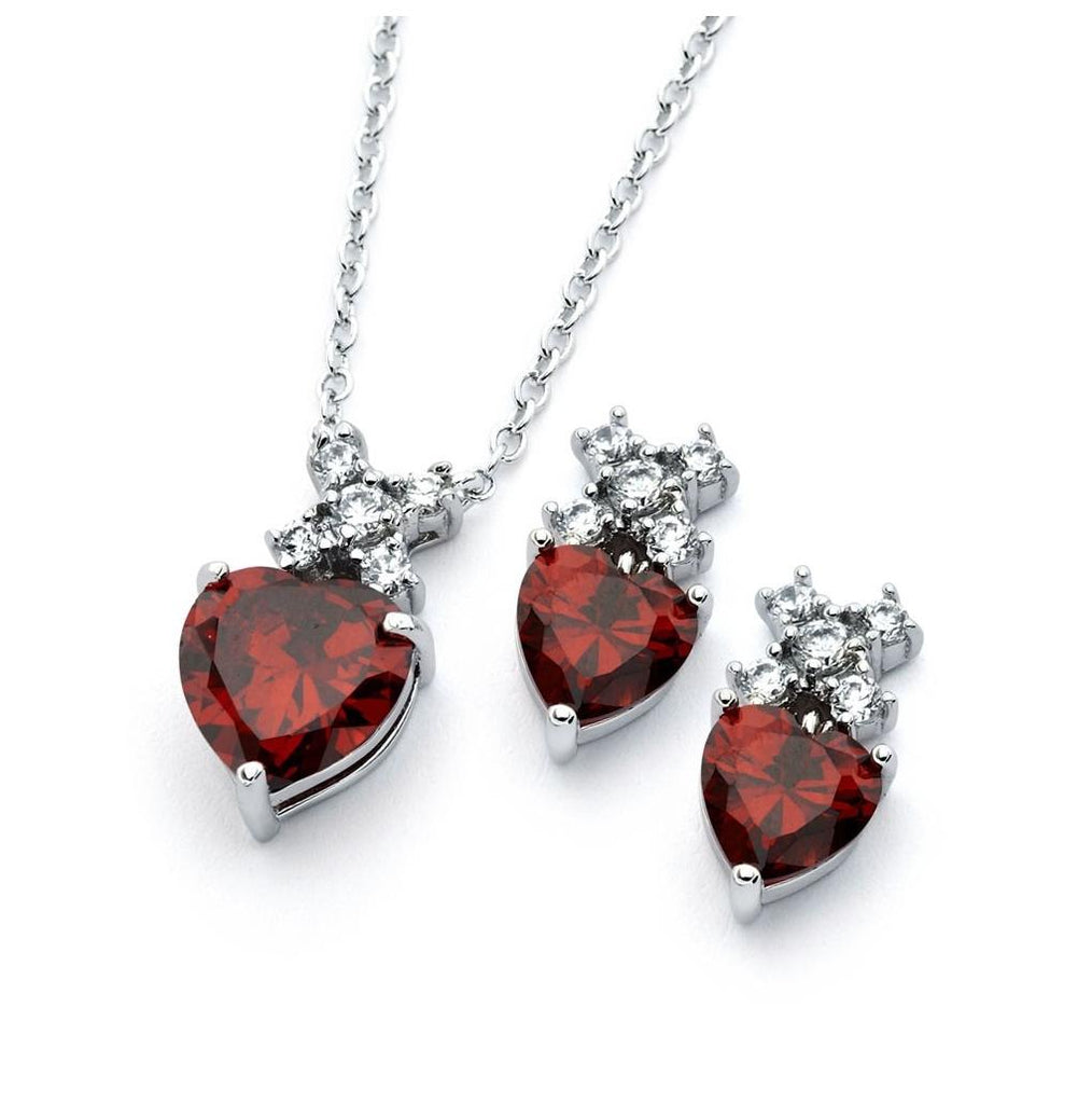 .925 Sterling Silver Rhodium Plated Clear Round Red Heart Cz Stud Earring & Necklace Set