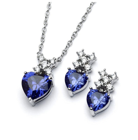 .925 Sterling Silver Rhodium Plated Clear Round Blue Heart Cz Stud Earring & Necklace Set Bgs00399t