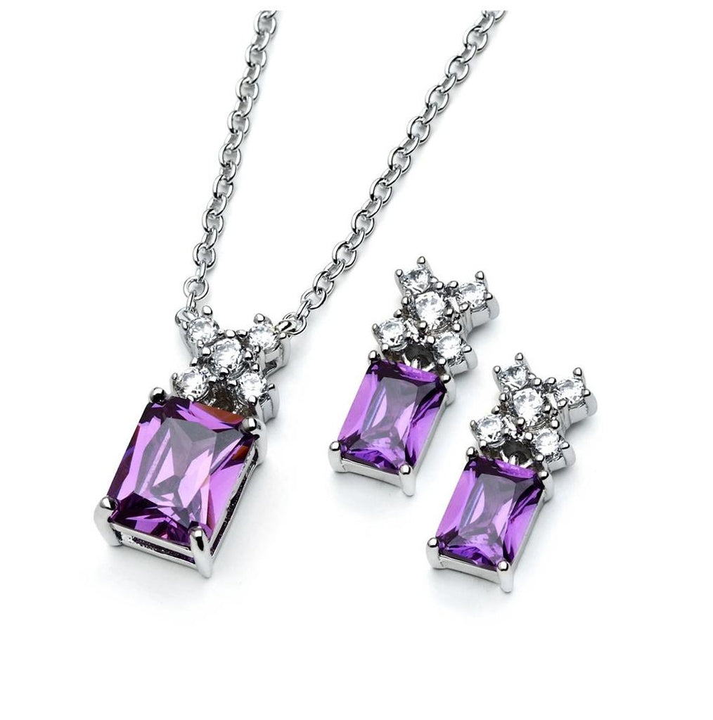 .925 Sterling Silver Rhodium Plated Clear Round Purple Rectangle Cz Stud Earring & Necklace Set