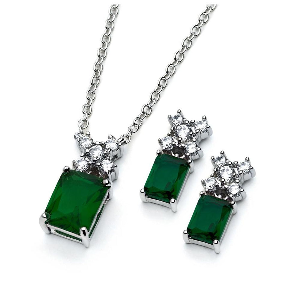 .925 Sterling Silver Rhodium Plated Clear Round Green Rectangle Cz Stud Earring & Necklace Set