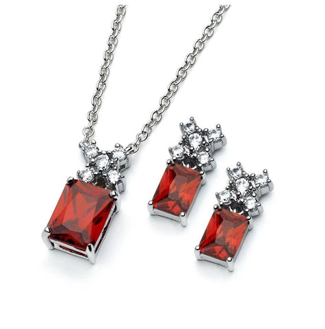 .925 Sterling Silver Rhodium Plated Clear Round Red Rectangle Cz Stud Earring & Necklace Set