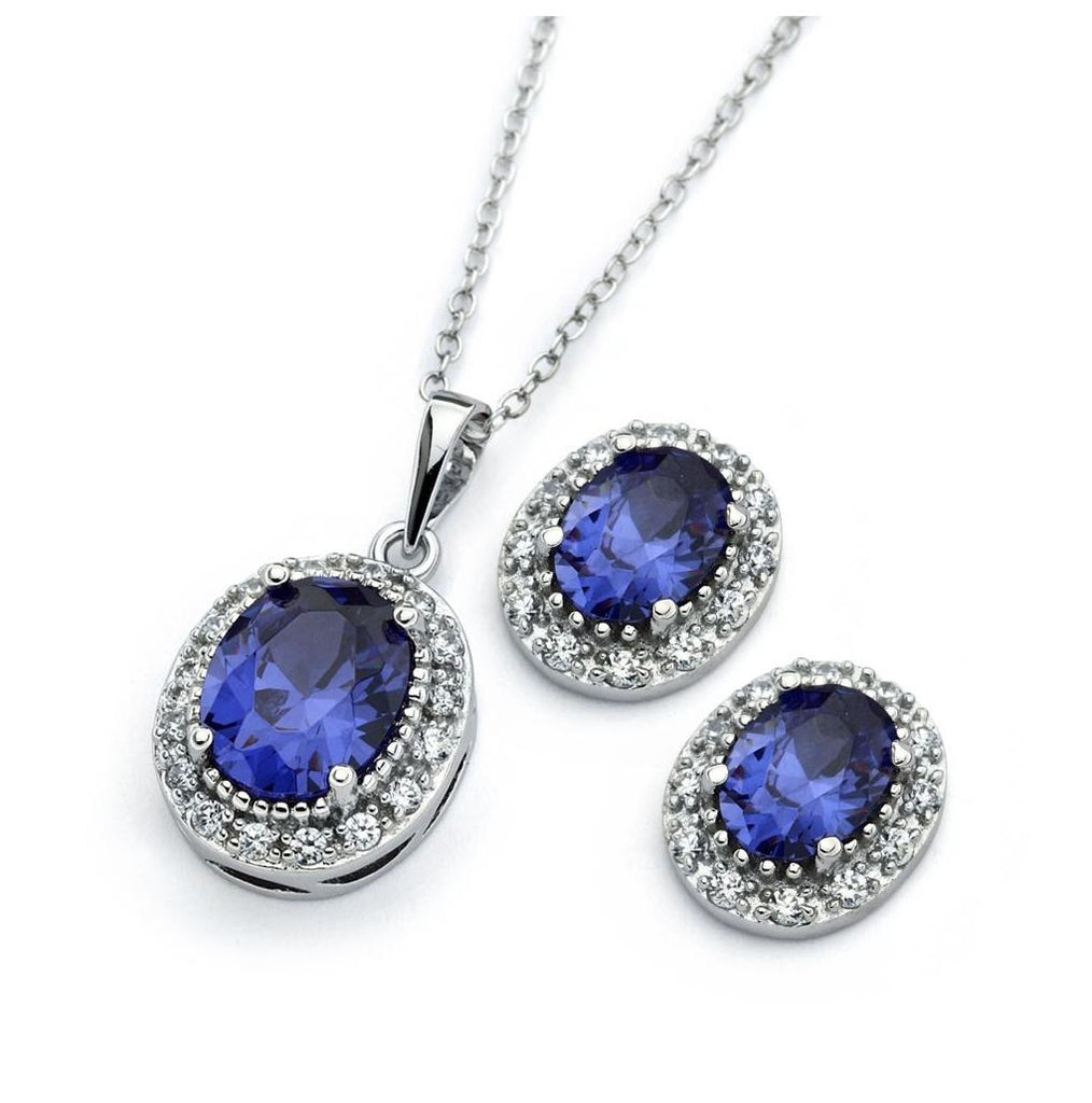 .925 Sterling Silver Rhodium Plated Clear Cluster Blue Oval Cz Stud Earring & Necklace Set