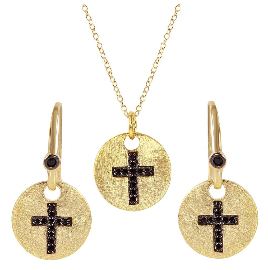 .925 Sterling Silver Gold Plated Black Cross Round Tag Set