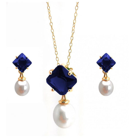 .925 Sterling Silver Gold Plated Pearl Drop Diamond Shaped Blue Cz Dangling Stud Earring & Dangling Necklace Set