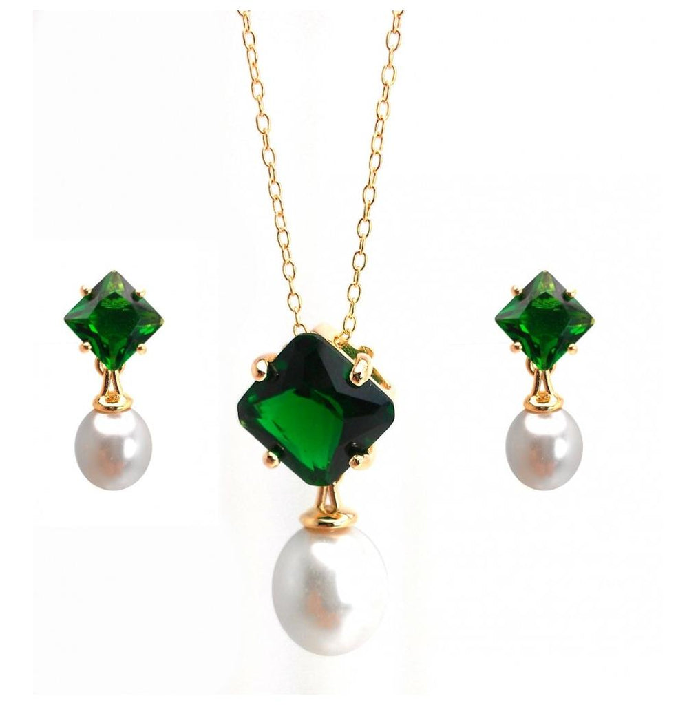 .925 Sterling Silver Gold Plated Pearl Drop Diamond Shaped Green Cz Dangling Stud Earring & Dangling Necklace Set