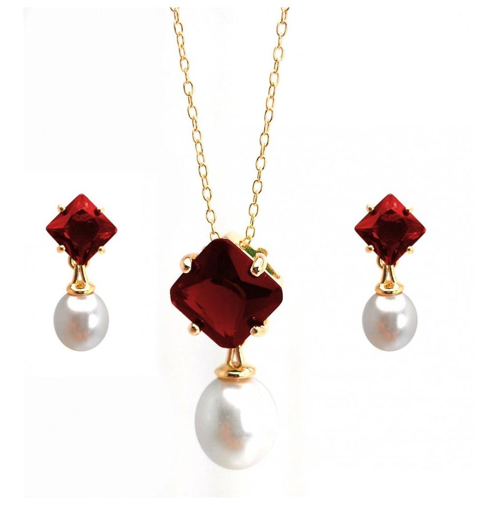 .925 Sterling Silver Gold Plated Pearl Drop Diamond Shaped Red Cz Dangling Stud Earring & Dangling Necklace Set