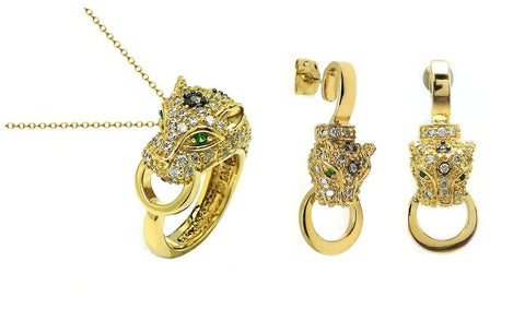 .925 Sterling Silver Gold Plated Clear & Green Puma Feline Head Cz Stud Earring & Necklace Set