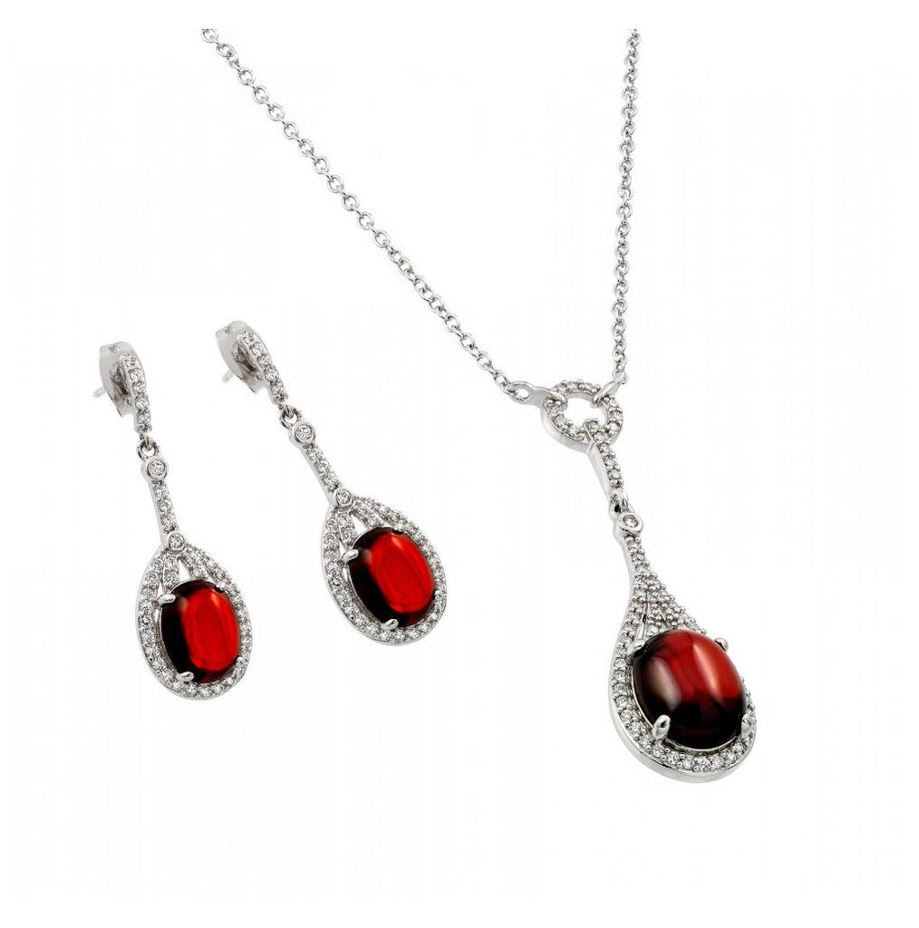 .925 Sterling Silver Rhodium Plated Pear Shaped Clear & Red Cz Dangling Stud Earring & Dangling Necklace Set