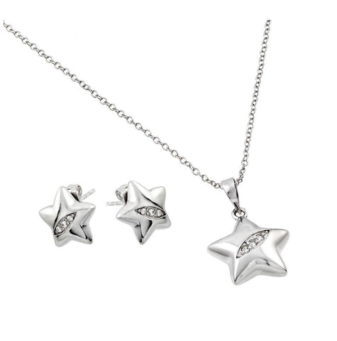 .925 Sterling Silver Rhodium Plated Clear Star Slash Cz Stud Earring & Necklace Set