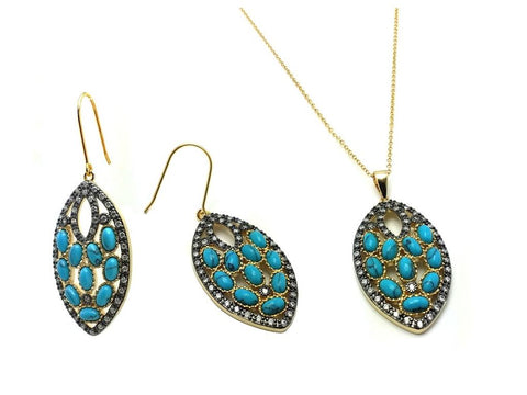 .925 Sterling Silver Black Rhodium & Gold Plated Turquoise Marquise Shaped Clear Hook Stud Earring & Necklace Set