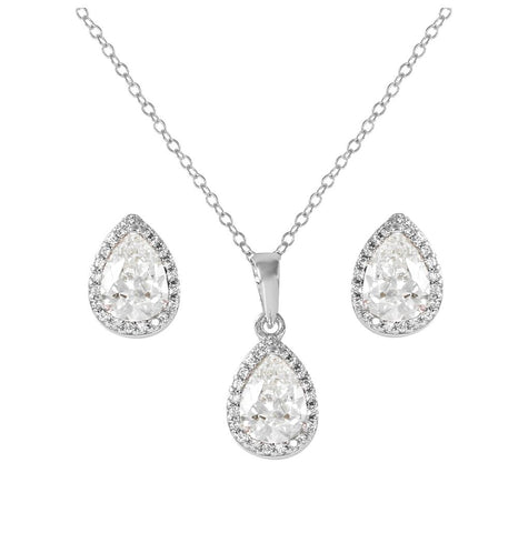 .925 Sterling Silver Rhodium Plated Pear Birthstone Set April