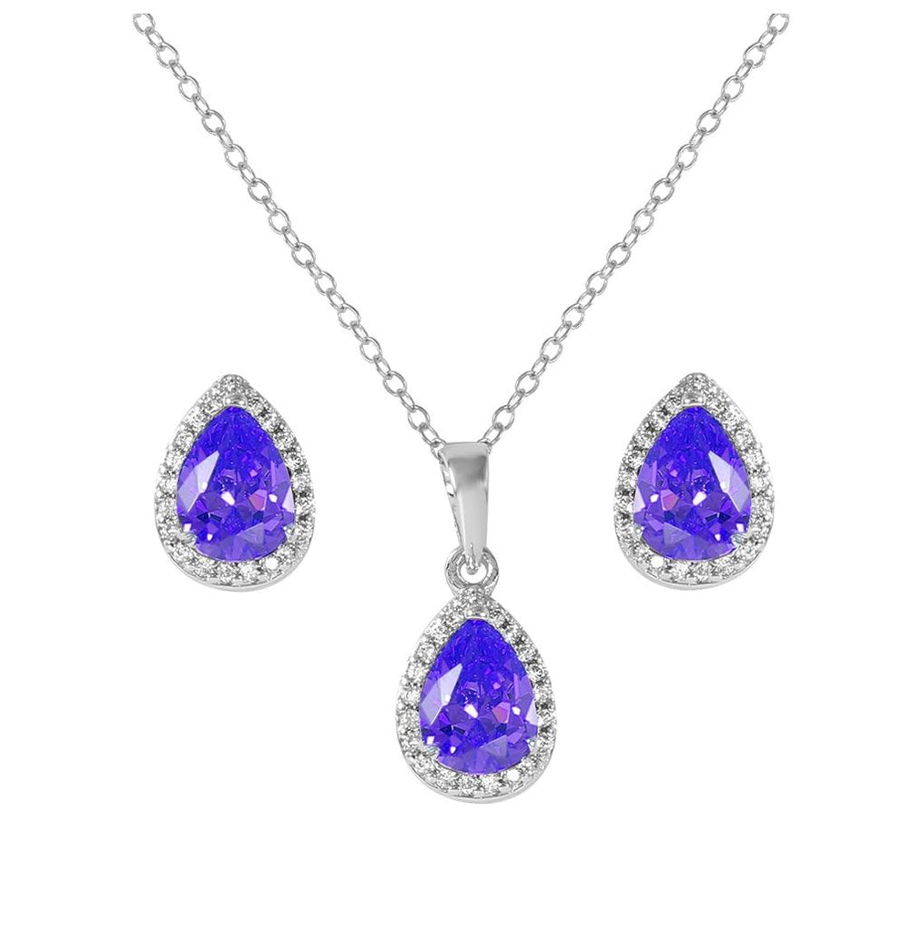 .925 Sterling Silver Rhodium Plated Pear Birthstone Set February