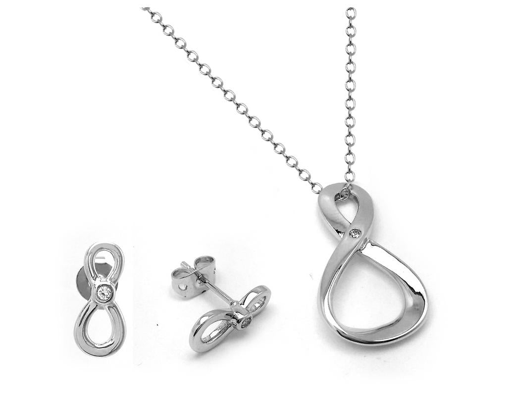 .925 Sterling Silver Rhodium Plated Figure 8 Infinity Single Set Clear Cz Stud Earring & Necklace Set